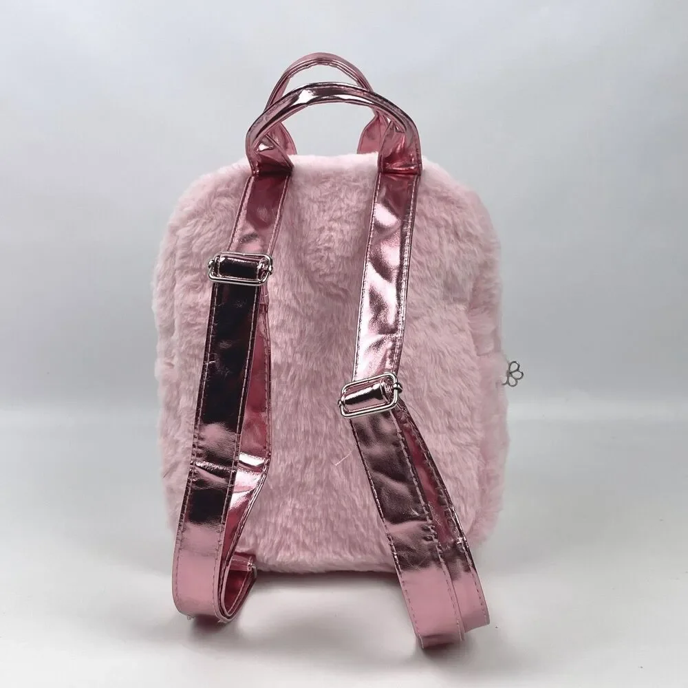 Disney Minnie Mouse Faux Fur Mini Backpack Pink Fuzzy Sequin Bag EUC